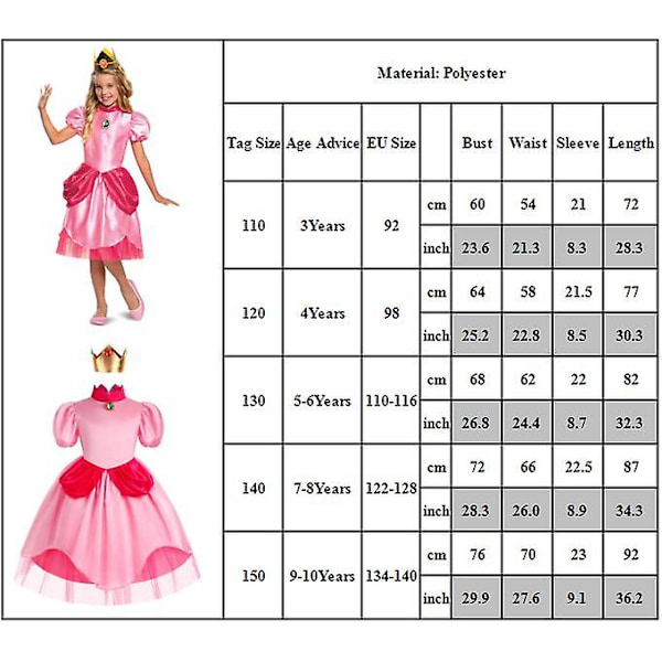 Super Mario Princess Peach Cosplay Cosplay Rosa prinsessekjole med krone for barn Jenter kle seg til Halloween-bursdagsfest 3 Years