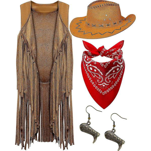 4 delar Cowgirl Outfits Set, tofsar Frin Ärmlös väst Hatt D Drop Earrings Paisley Bna Large
