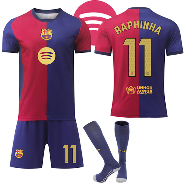 Barcelona Hemma Fotbollströja Barn & Vuxen 2024-2025 Med Strumpor No.11 Raphinha No.11 Raphinha 18