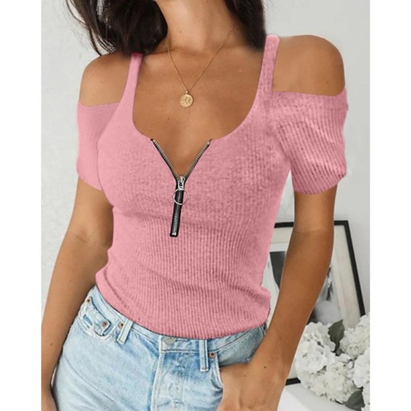 Kvinnors Pure Color Casual Summer Top Dragkedja Off Shoulder T-shirt Pink 2XL
