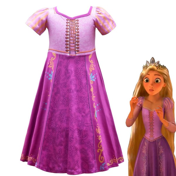 Flickor Rapunzel Cosplay Outfit Fest Snygga kortärmade klänningar 6-7years