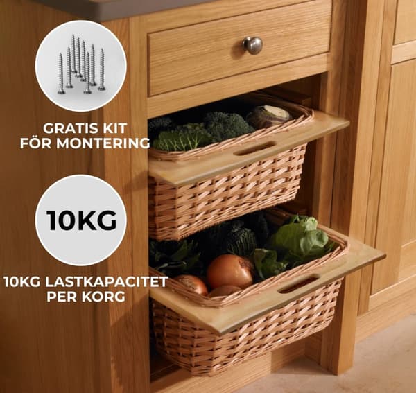 Utdragbar flätad korg för köksförvaring + 500mm skenor i bokträ 42 cm