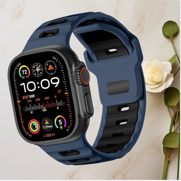 Stilfuld silikonerem til Apple Watch 42/44/45/46/49mm Sort+Blå 24 Black+Blue