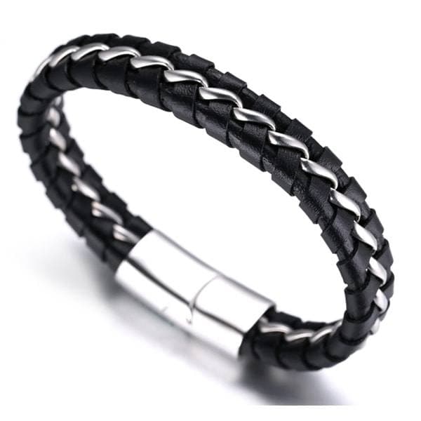 Børne drenge ægte læderarmbånd sort. Titanium sølvkæde