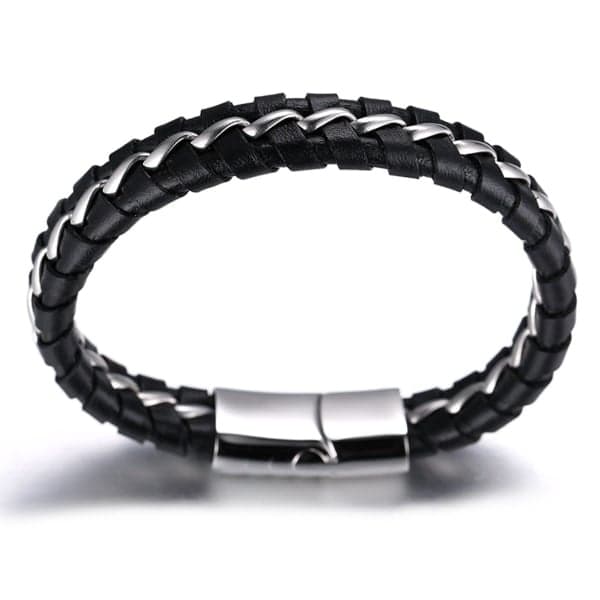 Børne drenge ægte læderarmbånd sort. Titanium sølvkæde