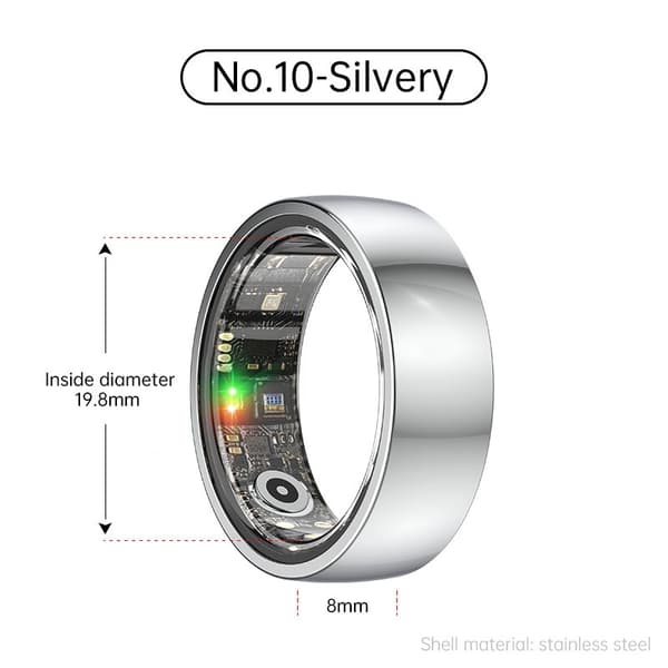Smart Ring R1000 – Søvnmonitor, Bluetooth 5.0, Blodoksygenmonitor Sølv 10 Sølv 10 Silver