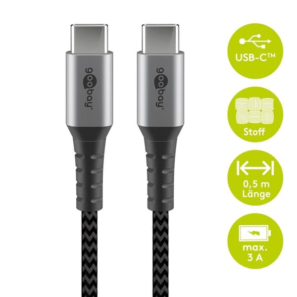 USB-C™ til USB-C™ tekstilkabel med metallkontakter 0,5 m 18 Svart, Grå