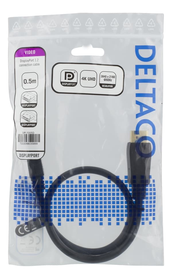 DisplayPort-kabel, 0,5 m, 4K UHD, DP 1.2, sort 60 Svart