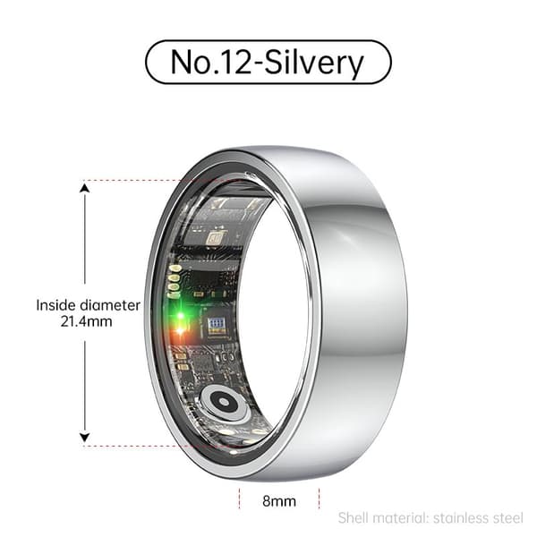 Smart Ring R1000 – Søvnmonitor, Bluetooth 5.0, Blodoksygenmonitor Sølv 12 Sølv 12 Silver