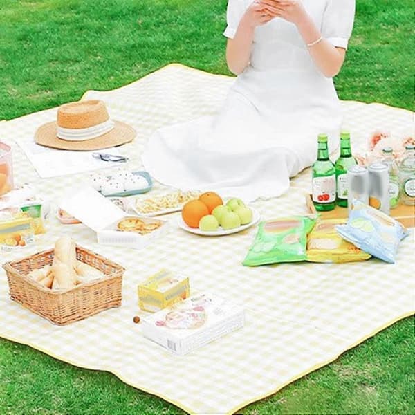 Picnic Tæppe, Foldbart, Ternet, 200x200cm, Udendørs, Gul