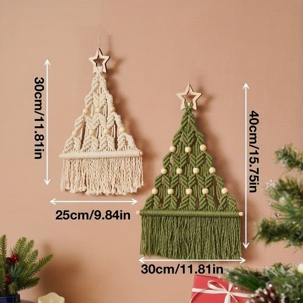 2-pack Macramé julgran DIY-pysselset, grön och beige polyester, festlig väggdekoration, perfekt present till familj och vänner, vinter 2 st