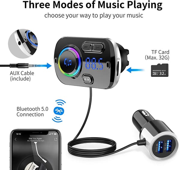 INF Trådløs FM-sender til bil Bluetooth 5.0 QC3