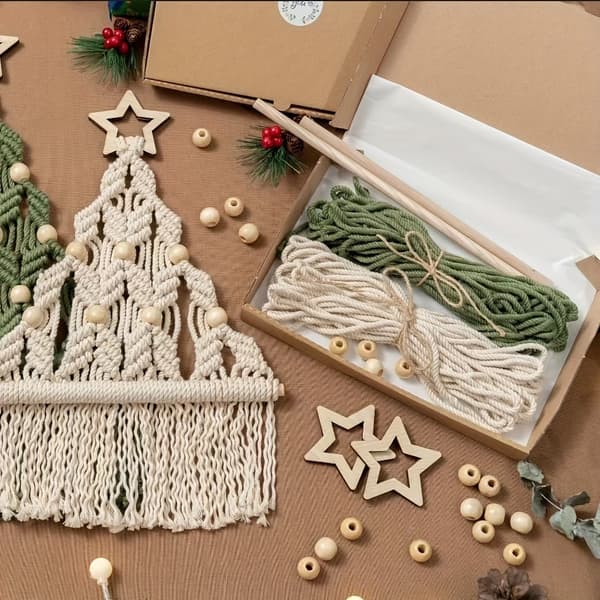 2-pack Macramé julgran DIY-pysselset, grön och beige polyester, festlig väggdekoration, perfekt present till familj och vänner, vinter 2 st