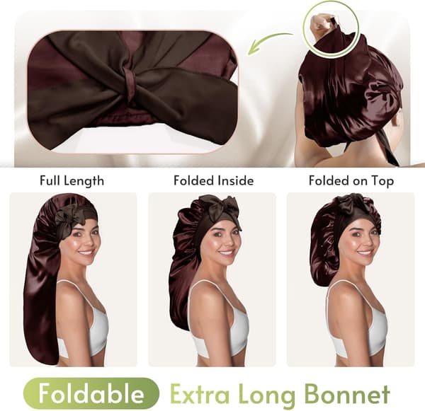 Extra lång sovhuva i satin, lämplig för långt lockigt hår, flätor, chokladbrun Brown