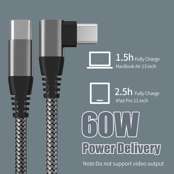 USB-C oplader med vinklet stik 60 W PD hurtigopladning Sort 2 m Sort 2 m Black