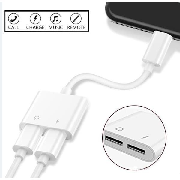 2 i 1 Dubbelport Lightning-adapter Splitter iPhone 7/8/X Vit