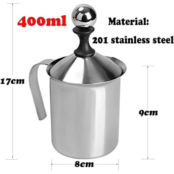 Mælkeskummer, manuel mælkeskummer af rustfrit stål, håndholdt mælkeskummer til kaffe, manuel mælkeskummer (400 ml)