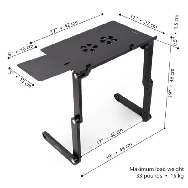 Foldbar Tiltelig Sengebord Stativ til PC Laptop Køler - 2x Fan
