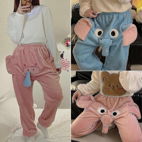 Elefanttrunk 3D Flanell Pyjamasbyxor Herr Dam Rolig Tecknad Varm Sovkläder Pink Pig 2XL