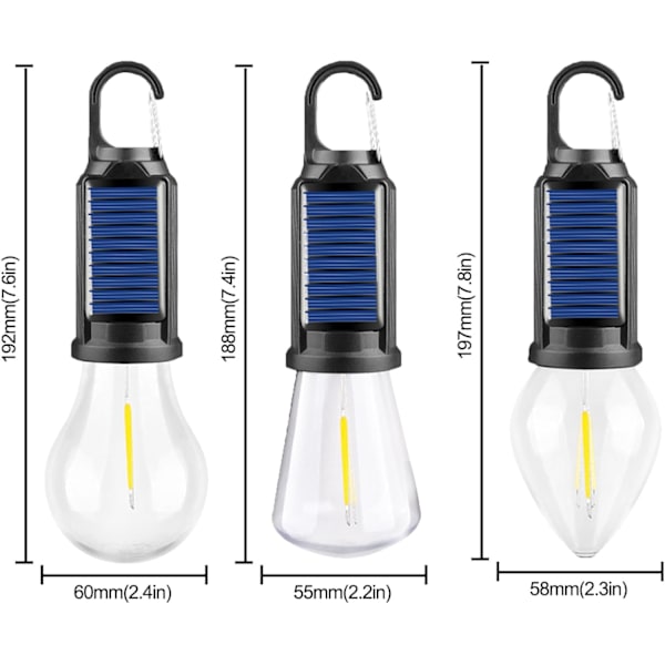 Ladattava LED-retkeilylamppu, 3 kpl LED-retkilyhty, Retro-lamput, 3 valotilaa, aurinkokennoilla toimivat riippuvat telttalamput klipsikoukulla