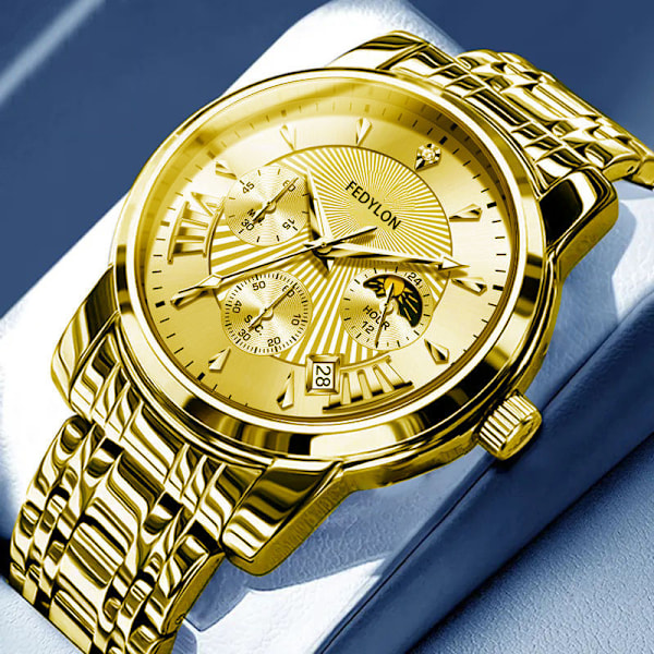 Fotillon Swiss original fuldautomatisk ikke-mekanisk ur hult ur herreur vandtæt lysende kalender business ur 【400 diamonds】Golden face