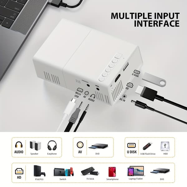 Minip投影機，便攜式電影投影機，智慧家庭投影機，適用於 iOS、Android、Windows、筆記型電腦、電視棒的時尚投影機，支援 HD