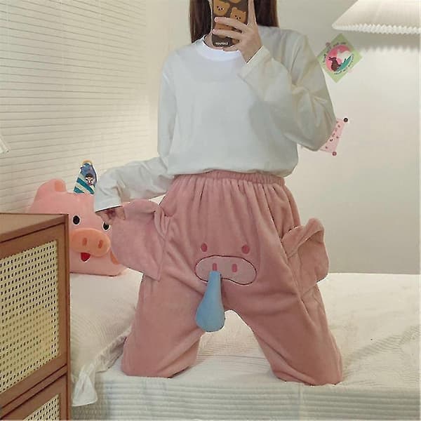 Elefanttrunk 3D Flanell Pyjamasbyxor Herr Dam Rolig Tecknad Varm Sovkläder Pink Pig 2XL