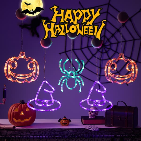 Halloween LED sugekopplys, gresskar spøkelse edderkoppnett vindusdekorasjon til fest Spider