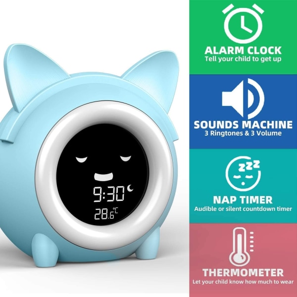 Barnväckarklocka - Färgglad nattlampa - Inomhus termometer - Sömnutbildare - Nap Timer (Katt)