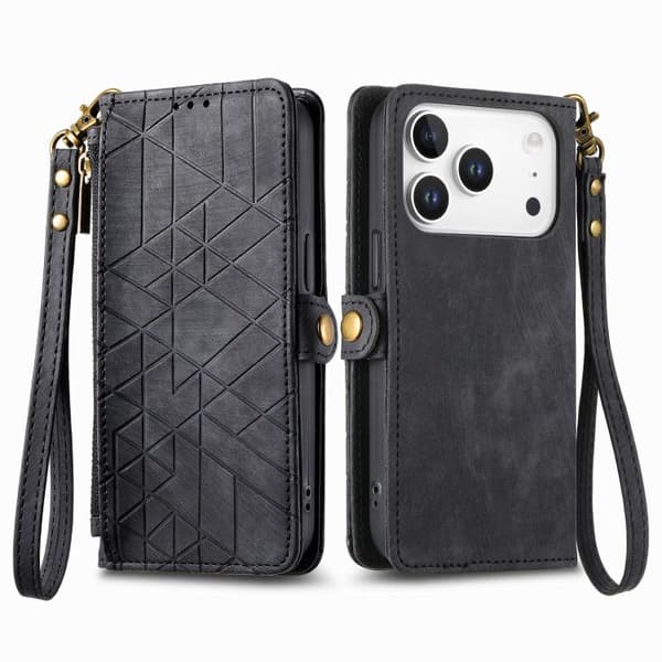 iPhone 17 Pro Max Skal läderfodral med geometrisk dragkedja och sidobuckle Svart