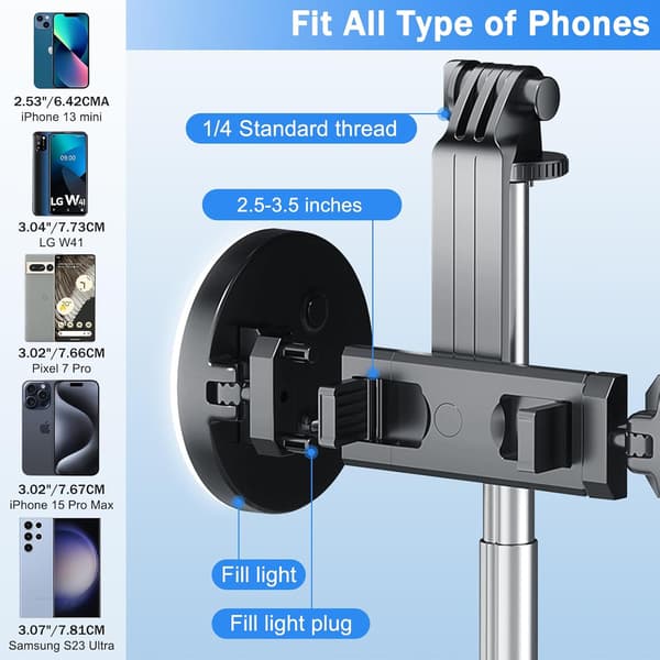 Selfie Stick Tripod with Fill Light, Phone Selfie Stick, Durable Stainless Steel Design, Bluetooth Remote Control and Stable Tripod Support