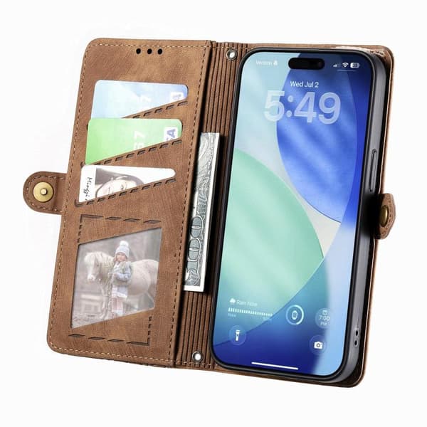 iPhone 17 Pro Max Skal läderfodral med geometrisk dragkedja och sidobuckle Brun