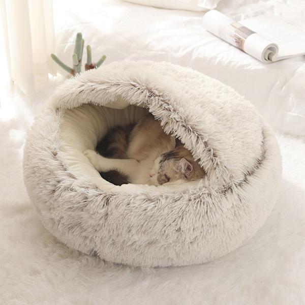 Blød og fluffy katteseng, rund blød plys, hule med hætte, katteseng, til vinter, varm, sovepude, skridsikker, maskinvaskbar, til katte og hvalpe