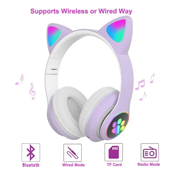 Bluetooth headset, Børneheadset med katteører, Foldbart, Med LED-lys, Lilla D