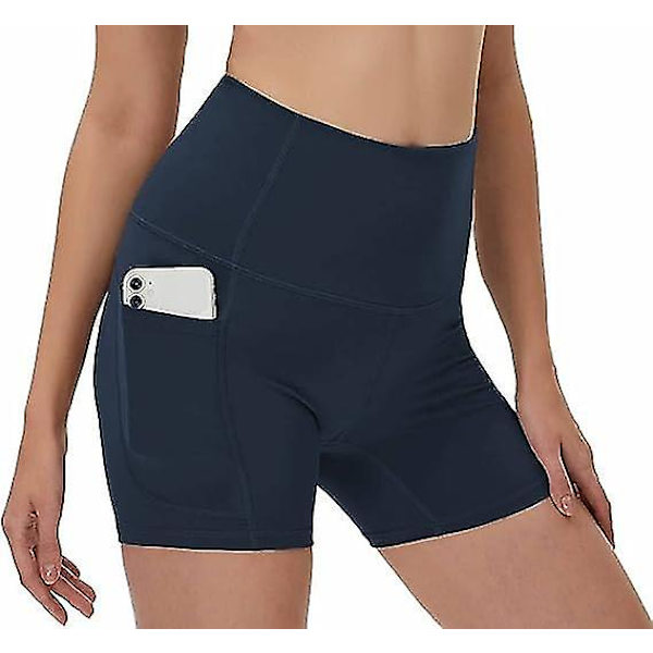 Högmidjade cykelshorts för dam, yogashorts för dam, träningsshorts med 2 sidofickor och innerfickor, sportshorts, gymshorts (storlek: S)
