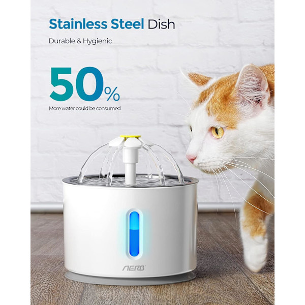 Aerb Vandfontæne til Katte og Små Hunde, Støjsvag Kattevanddispenser med Aktivt Kulfilter og Rustfri Stål Bakke, LED Natlys