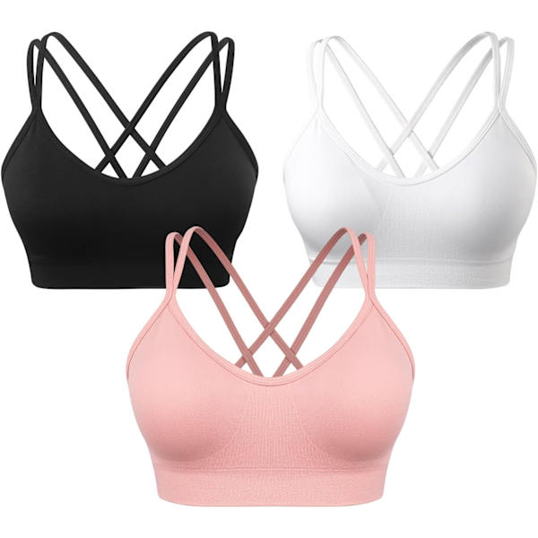 NG Naisten Cross Back Urheiluliivit Pehmustetut Olkaimelliset Keskivahvat Joogaliivit Liikuntaan ja Kuntoiluun 3 kpl 3 kpl (Musta+Valkoinen+Persikanpinkki) X-Large