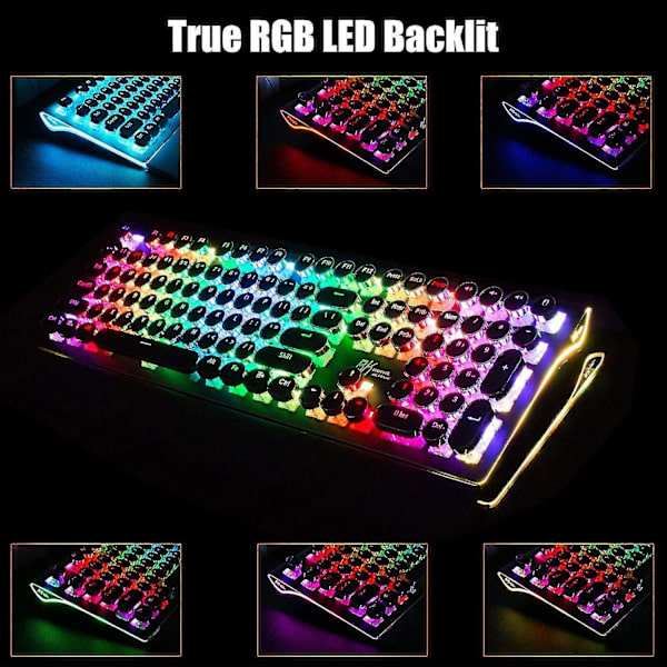 Mekanisk Speltangentbord i Skrivmaskinstil med RGB-Bakgrundsbelysning, Vikbart Handledsstöd, 108 Tangenter, Blå Switch, Retro - Perfekt