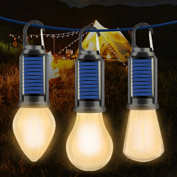 Ladattava LED-retkeilylamppu, 3 kpl LED-retkilyhty, Retro-lamput, 3 valotilaa, aurinkokennoilla toimivat riippuvat telttalamput klipsikoukulla