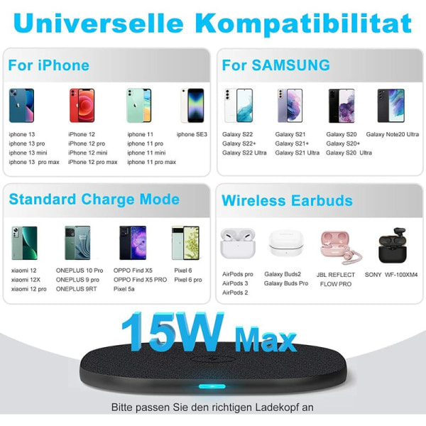 Rask trådløs lader, Qi induktiv ladeplate for iPhone 13 Pro/12/11/X/xr/8, Samsung Galaxy s21/S20/s10, note 20/10 ultra og Huawei p30