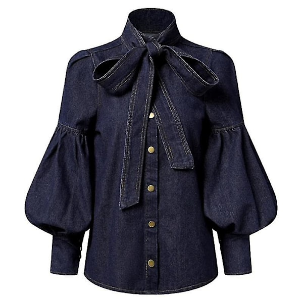 Moderne imiteret denim puff ærme butterfly slips slips til kvinder forår og efterår høj hals S størrelse