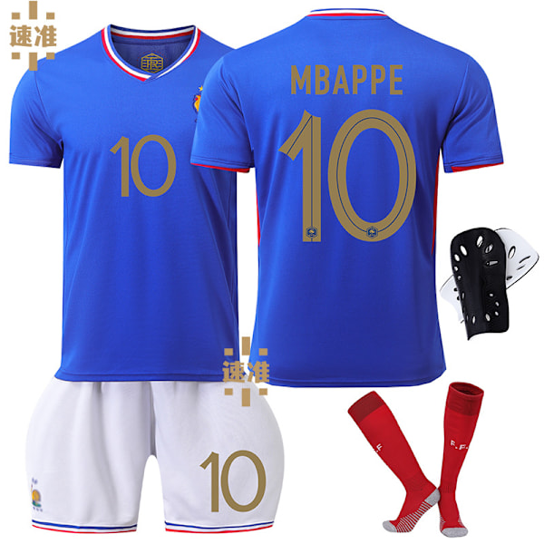 2024 EM Frankrike hemmatröja nr 10 Mbappé fotbollströja 7 Griezmann 9 Giroud 11 Bailey tröja nr 10 strumpor + skyddande ge No. 10 socks + protective gear 28 yards