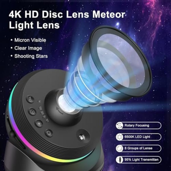 Galaxy 4K Projektor med 13 Filmdisker & Roterbar Nebula - Timer/Meteor-effekt Black -