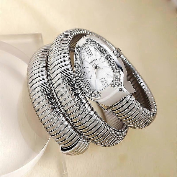 Dame Slange Armbåndsur Serpentine Bling Diamant Quartz Ure - WELLNGS Silver