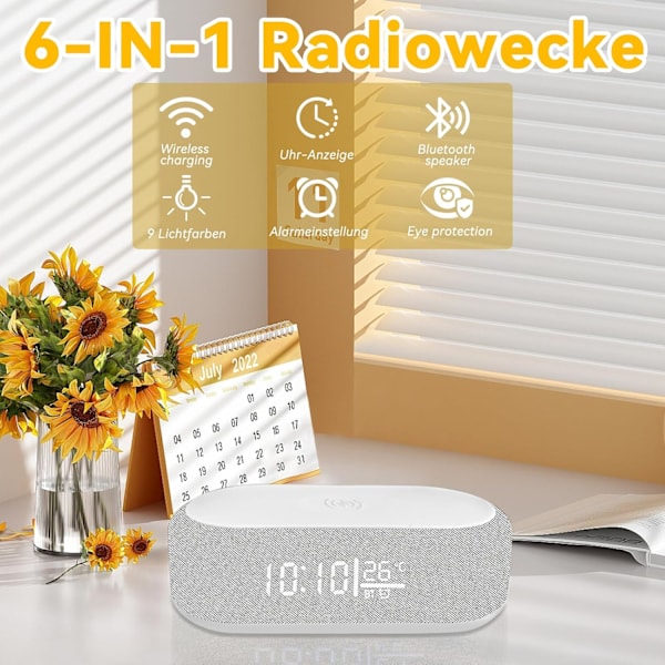Digital Vekkerklokke, Bluetooth Digital Audio Vekkerklokke - 9 Farger Nattlys, Bluetooth Høyttaler, Trådløs Lader for iPhone/Samsung, Temperatur
