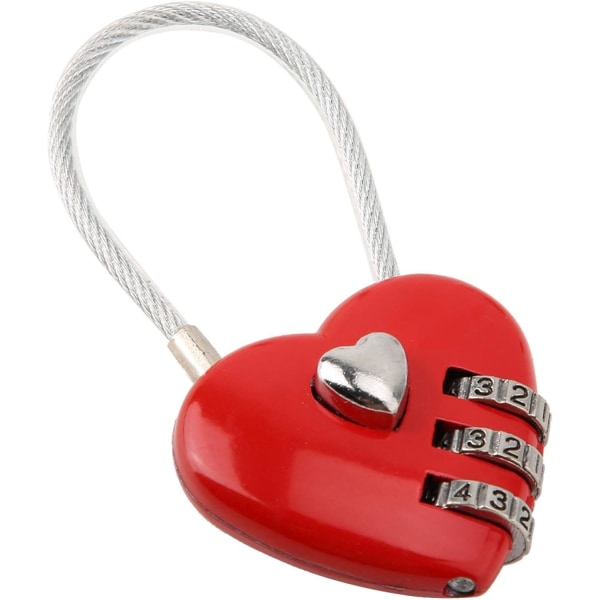 Bärbart 3-siffrigt kombinationslåskodshänglås, hållbart hjärtformat parhänglås, hallskåp smyckeskrin för ryggsäcksbagage (röd)