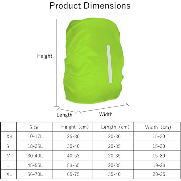 Regnskydd för ryggsäckar, 25-70L, Vattentätt med reflexer, Fluorescerande grön, XL