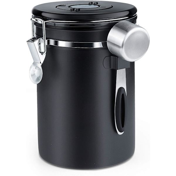 Lufttät kaffeburk - Kaffebönbehållare med CO2-ventil - med mätsked - 1,8 L (svart)(FQ)