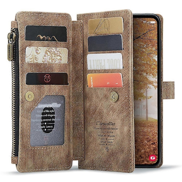 For Samsung Galaxy A55 5G Deksel Glidelås Skinn Telefonveske med 10 Kortspor [HK] Brown