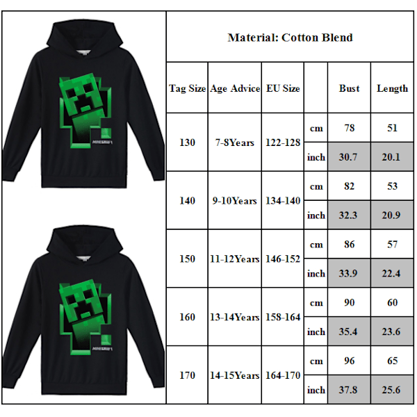 Minecraft Hoodie Gutter Barn Spillere Crawler Hoodie Grønn green 130 cm